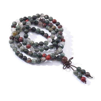 108 Mala Prayer Beads Bracelet 6mm Genuine Gemstone Healing Crystal Stone Beaded Bracelet Buddhist Tibetan Handmade Knotted Elastic Necklace for Yoga Meditation Unisex Women Men - color: African Bloodstone