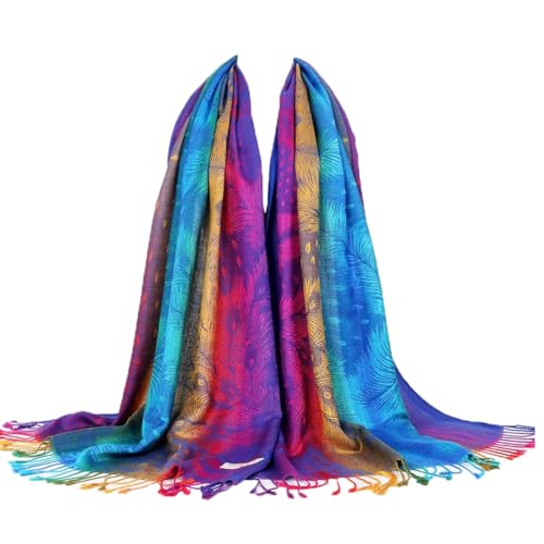 SmilerSmile Colorful Scarf Wraps for Womens Tassel Shawl Wrap - color: 01-peacock/Royalblue