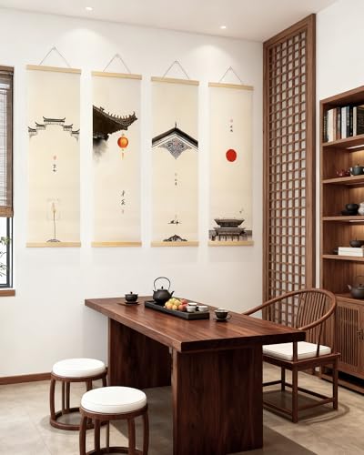 Vertical Chinese Wall Scroll Set of 4 - Traditional Ancient Architecture Paintings, Asian Wall Art with Natural Wood Frame for Living Room, Office Decor - style: Art Deco