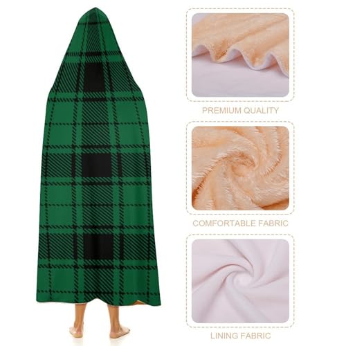 Scottish Tartan Plaid Green Large Size Comfortable Hooded Blanket, Warm Blanket 50"x60" - color: Scottish Tartan Plaid Green, size: 50"x60"