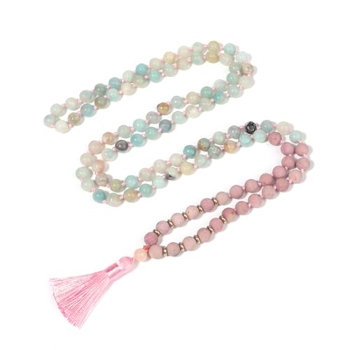 8MM Beads Chakra Long Mala Necklace Natural Stone Meditation Statement Necklace Japa Yoga Buddhist Rosary Prayer Charm Beaded Tassel Necklace - color: Matte Rhodonite