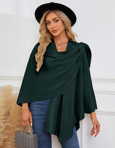 PULI Womens Large Cross Front Poncho Sweater Wrap Topper Knitted Elegant Shawls Cape for Fall Winter - color: 1-emerald Green