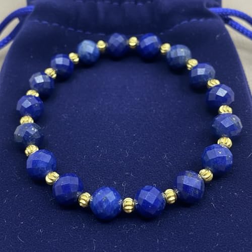 Lapis Lazuli Healing Bracelet – Real Crystal Beads for Stress Relief, Meditation & Chakra Balance – Natural Gemstone Jewelry Gift for Women & Men, Adjustable Stretch Fit - style: 6mm 64-Facet Gold Accent（no gift box）