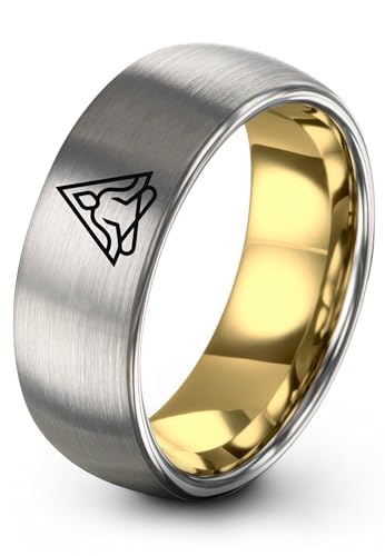 Gift for Yoga Fan - Yoga Meditation Ring - Flat Dome Bevel - Band - Men Women - Brushed Polished - Tungsten - Personalized Custom Engraving - 8mm - Anniversary Wedding - Yellow Rose Gold Silver - color: 02 - Yellow Gold Grey Tungsten