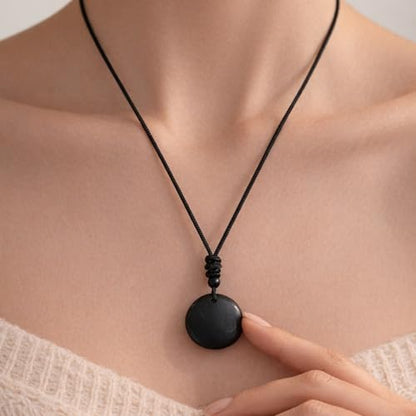 Shungite Stone Necklace for Women, Round Shungite Pendant Amulet Meditation Necklace, Black Circle Pendant Protection Crystal Healing Necklace Spiritual Gifts for Mother Mom