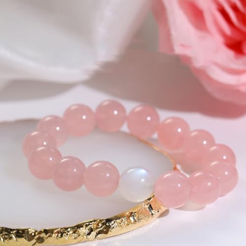 Rose Quartz Bracelet, 8mm Natural Gemstone Love Stone Jewelry Anxiety Relief & Meditation Support Heart Chakra Balance Valentine’s Mother’s Day Gift for Her - color: White moonlight pink