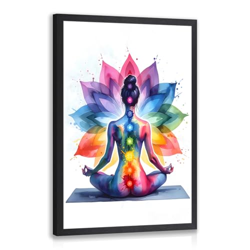 GELDSTEI Wood Framed Zen Wall Art, Chakra Yoga Wall Decor, Colorful Meditation Poster Print, Spiritual Canvas Painting, Vibrant Meditating Woman Aesthetic Picture for Living Room Yoga Studio 12x16 Inch - color: Colorful(Wood), size: 16"L x 12"W