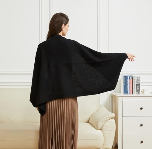 BRYCTSISEN Women's Lightweight Wool Shawl Wrap Scarf with Sleeves Outer Warm Knitted Open Front Poncho Cape Fall Winter - color: Black