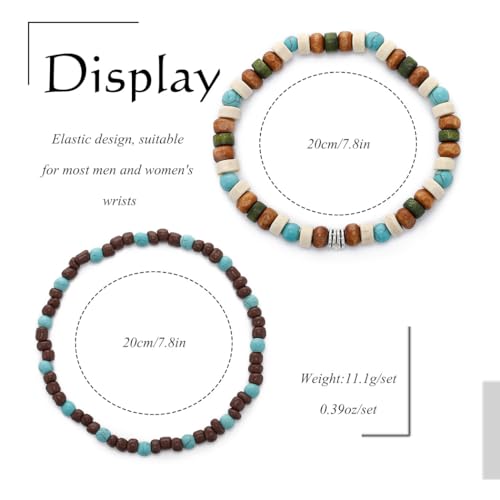 Boho Turquoise Bracelet Wooden Beaded Bracelets Stretch Wrap Bracelet Jewelry for Women and Men 2Pcs