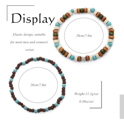 Boho Turquoise Bracelet Wooden Beaded Bracelets Stretch Wrap Bracelet Jewelry for Women and Men 2Pcs
