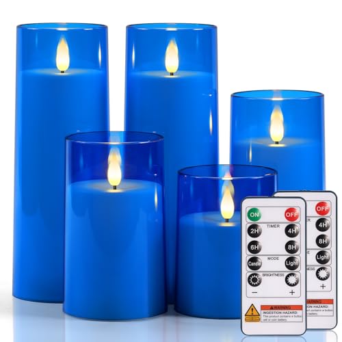 Raycare Independence Day Flameless Candles Battery Operated with Remote Timer, Acrylic Flickering LED Pillar Candle for 4th of July Home Patriotic Decor, Gift for Family and Friend, Blue, Set of 5 - color: Blue-5pcs