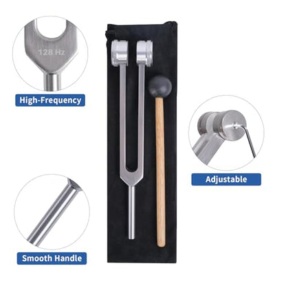 Energy Healing Tuning Forks Kit-128Hz, Sound Therapy Tools, Non-Magnetic Aluminum Alloy, for Hearing Tests, Special Tuning Hammer for Ear Cleaning，Meditation Tool with Travel Case (Silvery) - color: Silvery