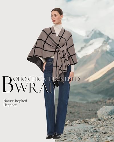PULI Women's Elegant Shawl Wraps Soft Open Front Poncho Sweater for Spring Fall Winter - color: Classic Check-tan and Black