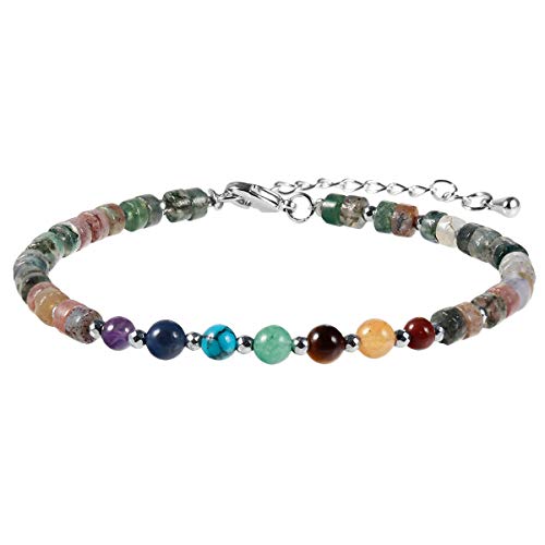 TUMBEELLUWA 7 Chakra Crystal Stone Beads Bracelet for Women Adjustable Flat Beaded Link Bangle for Healing