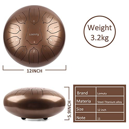 Steel Tongue Drum 12 Inch 11 Notes for Adults - Ethereal Metal Instrument for Meditation & Yoga with Music Book, Mallets & Carry Bag (Brown) - color: Brown