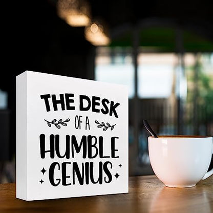 Funny Wooden Box Sign, Humble Genius Humorous Wooden Decor, Plaque for Home Farmhouse Office Desk Shelf - style: Humble