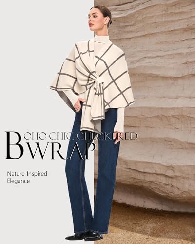 PULI Women's Elegant Shawl Wraps Soft Open Front Poncho Sweater for Spring Fall Winter - color: Classic Check-cream and Oatmeal