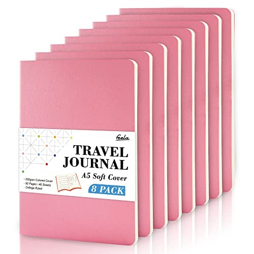 8 Pack Soft Cover Journal Bulk, Feela Notebooks College Ruled for Work, Lined Travel Journal for Women Men, Note Taking Notebook School Supplies Business Writing, 8.2” x 5.5”, A5, Pink - color: 8 Pink