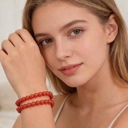 14in Agate Wrap Bracelet for Women Men Natural Round Beaded Agates Stone Healing Stretch Bracelets Elastic Handmade Polished Gemstone Beads Bracelet - color: Red Agate, size: 6mm Beads