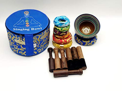 Nepal-Chakra Singing Bowl Set of 7 - Handcrafted Tibetan Sound Healing Bowls Gift Set Includes Carry Bag Seven Colors Cushion Mallet (7 Pcs)
