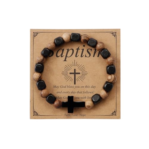 MILAKOO Wooden Bracelet with Black Stainless Steel Cross Charms Bead Christian Gifts for Women Men - color: B4