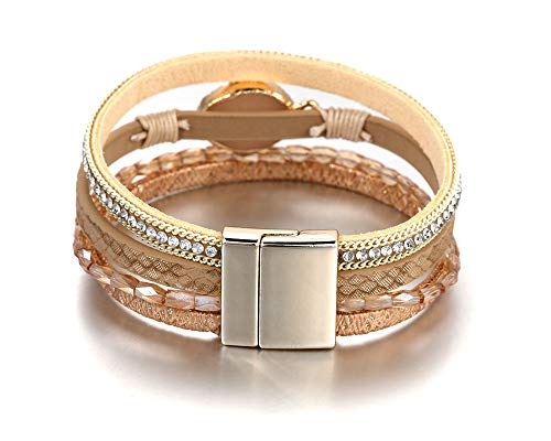 Fesciory Leopard Bracelet for Women, Boho Leather Wrap Multi-Layer Pearl Crystal Bracelet Bangle Jewelry - style: Gold Stone(Short)