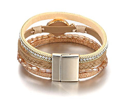 Fesciory Leopard Bracelet for Women, Boho Leather Wrap Multi-Layer Pearl Crystal Bracelet Bangle Jewelry - style: Gold Stone(Short)