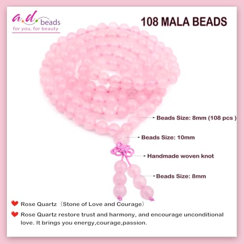 AD Beads 6mm 8mm 108 Prayer Mala Jasper Elastic Bracelet - Handmade Yoga Meditation Healing Power Energy Gifts for Unisex Adult. - color: Rose Quartz (Courage)