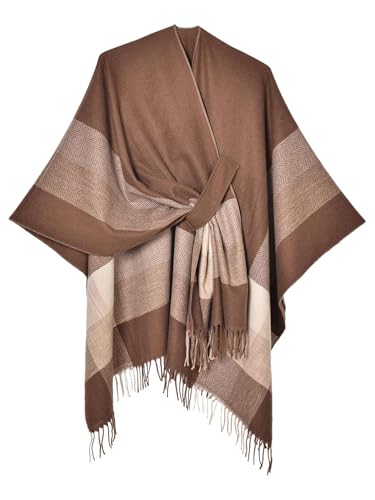 Women's Elegant Shawl Wraps, Soft Open Front Poncho Cape, Reversible Casual Cardigan Shawls for Gift Travel - color: Brown-white