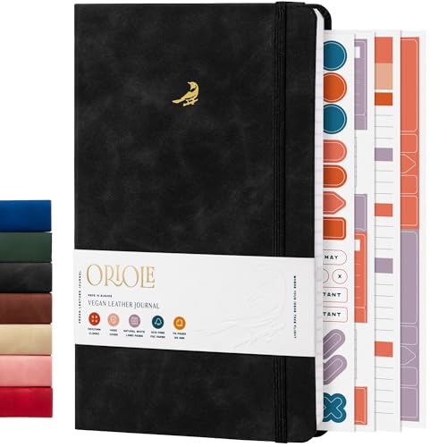 Oriole Vegan Leather Ruled Notebook - Black | 176 Pages of Thick Lined Paper | Soft Touch Hardcover Journal (5 x 8 in) with Gold Foil Bird Design & Luxury Gift Box - color: Black