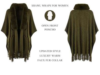 Ferand Shawl Wraps for Women, Cozy Lightweight Poncho Cape with Pockets, Warm for Fall Winter Travel - color: Army Green With Faux Fur Collar