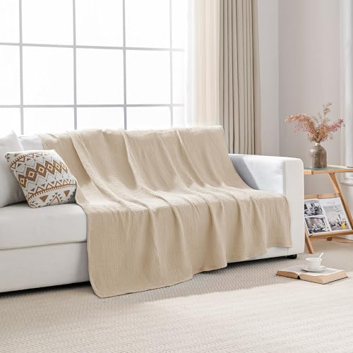 Esterra Muslin Blanket Twin Size Cozy Soft Lightweight Pre-Washed Cotton Blanket, All Season Breathable 4-Layer Gauze Blanket Throw for Couch Bed, Neutral, 66x90 Inches - color: 02 - Neutral, size: Twin (66"x90")