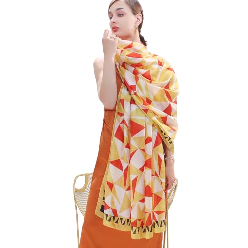 100% Mulberry Extra Large Silk Pashmina Scarf Shawls And Wraps For Women Evening Dress Summer Travel Floral Blanket - color: Orange Geo Muse