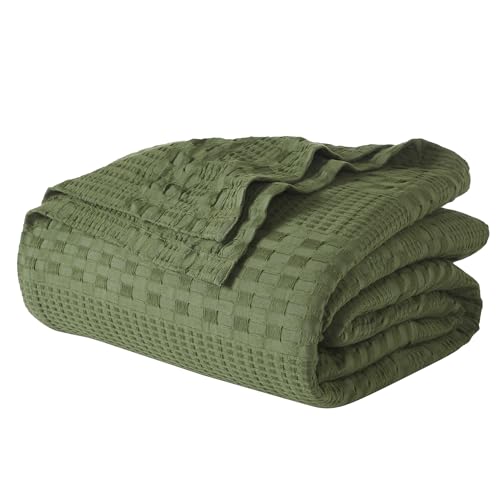 VHC Brands 100% Cotton Waffle Weave Queen Blanket 90"x90", Decorative Lightweight Spring and Summer Throw Blanket, Bedroom Decor for Bed, Couch, or Sofa, Olive Green - color: Olive Green, size: Queen (90"x90")