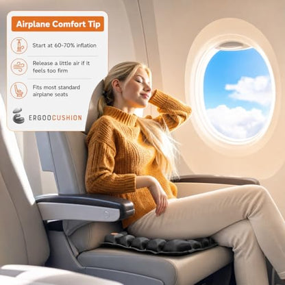 Inflatable Travel Seat Cushion with Built‑in Manual Pump, Adjustable Firmness & Compact Storage –Firm Support for Airplane, Car & Office Chairs, Large Generous Fit 18x16x2.1", Carry Bag Included
