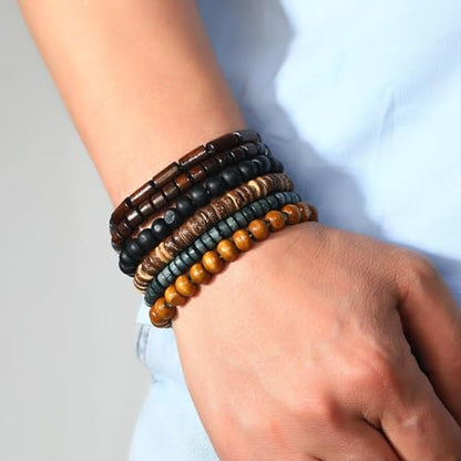 Long tiantian Beaded Bracelets for Men Wooden Bead Bracelets Stackable Layered Stretch Bracelet Trendy Wooden Jewelry Gift for Men - color: Black A