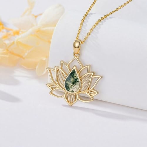 Lotus Necklaces for Women 925 Sterling Silver 7 Chakra/Yin Yang Pendant Necklace Spiritual Lotus Jewelry Birthday Yoga Gifts - style: Gold Moss Agate-Lotus