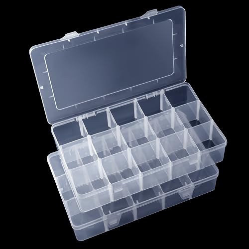 Benbilry 2 Pack 15 Grids Clear Storage Containers Plastic Organizer Box Craft Storage Boxes with Adjustable Dividers for Beads Organizer Art DIY Fishing Tackles Jewelry Crafts - color: Clear-15 Grids*2