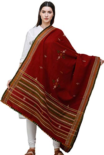 Exotic India Shawl from Kutch with Embroidered Bootis and Mirrors - Wool - color: Tibetan Red