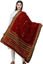 Exotic India Shawl from Kutch with Embroidered Bootis and Mirrors - Wool - color: Tibetan Red