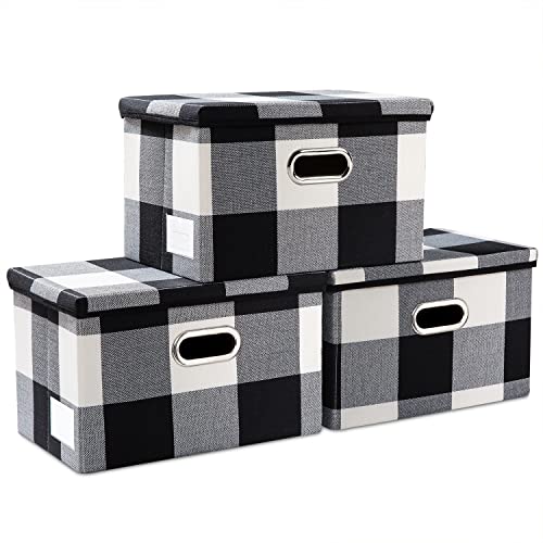 PRANDOM Collapsible Storage Bin with Lid [3-Pack] Fabric Foldable Storage Box Organizer Container Basket Cube with Cover for Home Bedroom Closet Office Nursery Black and White Grid(14.9x9.8x9.8) - color: Black and White Grid, size: M(3-Pack)