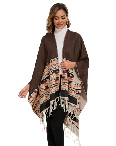 Shawl Wraps for Women, Elegant Knitted Cape Open Front Poncho Scarf Blanket Cardigan Coat for Spring, Autumn, and Winter - color: Brown Beige