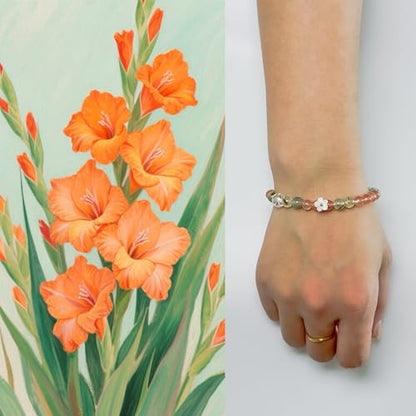 Birth Flower Crystal Bracelets for Women, Handmade Natural Gemstone Stretch Jewelry with Healing & Positive Energy - color: Aug. Gladiolus & Agate（2）