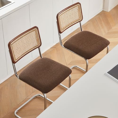 Natural Rattan Counter Height Stools Set of 2 with Solid Wood Back, 24 Inch Mid Century Modern Cesca Bar Stools, Brown Upholstery Boho Stool for Kitchen Counter with Chrome Metal Legs - color: Brown, size: 2PCS-24'' Counter Height Stool