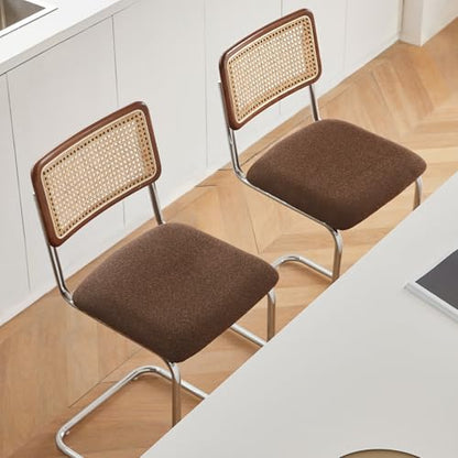 Natural Rattan Counter Height Stools Set of 2 with Solid Wood Back, 24 Inch Mid Century Modern Cesca Bar Stools, Brown Upholstery Boho Stool for Kitchen Counter with Chrome Metal Legs - color: Brown, size: 2PCS-24'' Counter Height Stool