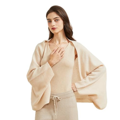 Huralona Women's Open Front Wool Shawl Wrap Scarf with Sleeves Outer Warm Knitted Poncho Cape Fall Winter - color: Cream