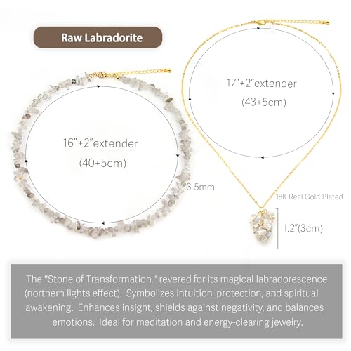 2Pcs Crystal Necklace for Women Handmade Choker Necklaces Pendant Necklace Natural Stone Gemstone Beaded Necklace 18k Gold Plated Adjustable Dainty Necklace for Women - color: Labradorite
