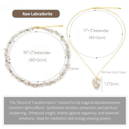2Pcs Crystal Necklace for Women Handmade Choker Necklaces Pendant Necklace Natural Stone Gemstone Beaded Necklace 18k Gold Plated Adjustable Dainty Necklace for Women - color: Labradorite