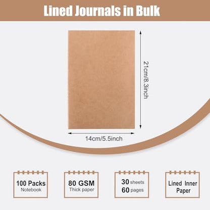 EOOUT 100pcs Lined A5 Kraft Notebook, Journals for Travelers 8.3x5.5in Notebooks 30 Sheets/60 Pages for Students and Office Travel Journal Set - style: Lined-100pack