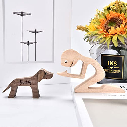Custom Wooden Sculpture Name Engraved Human and Dog Statues - color: Custom Human and Dog